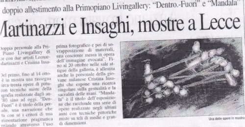 Mostra Primo Piano Living Gallery - Quotidiano locale - Lecce - Ottobre 2005